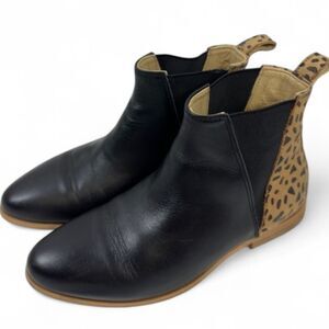 Sseko Chelsea V Boot Womens 7 Black Leather Cheetah Print Heel Ethical Fashion